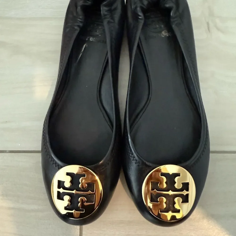 Tory Burch Black Leather Flats with Gold Emblem